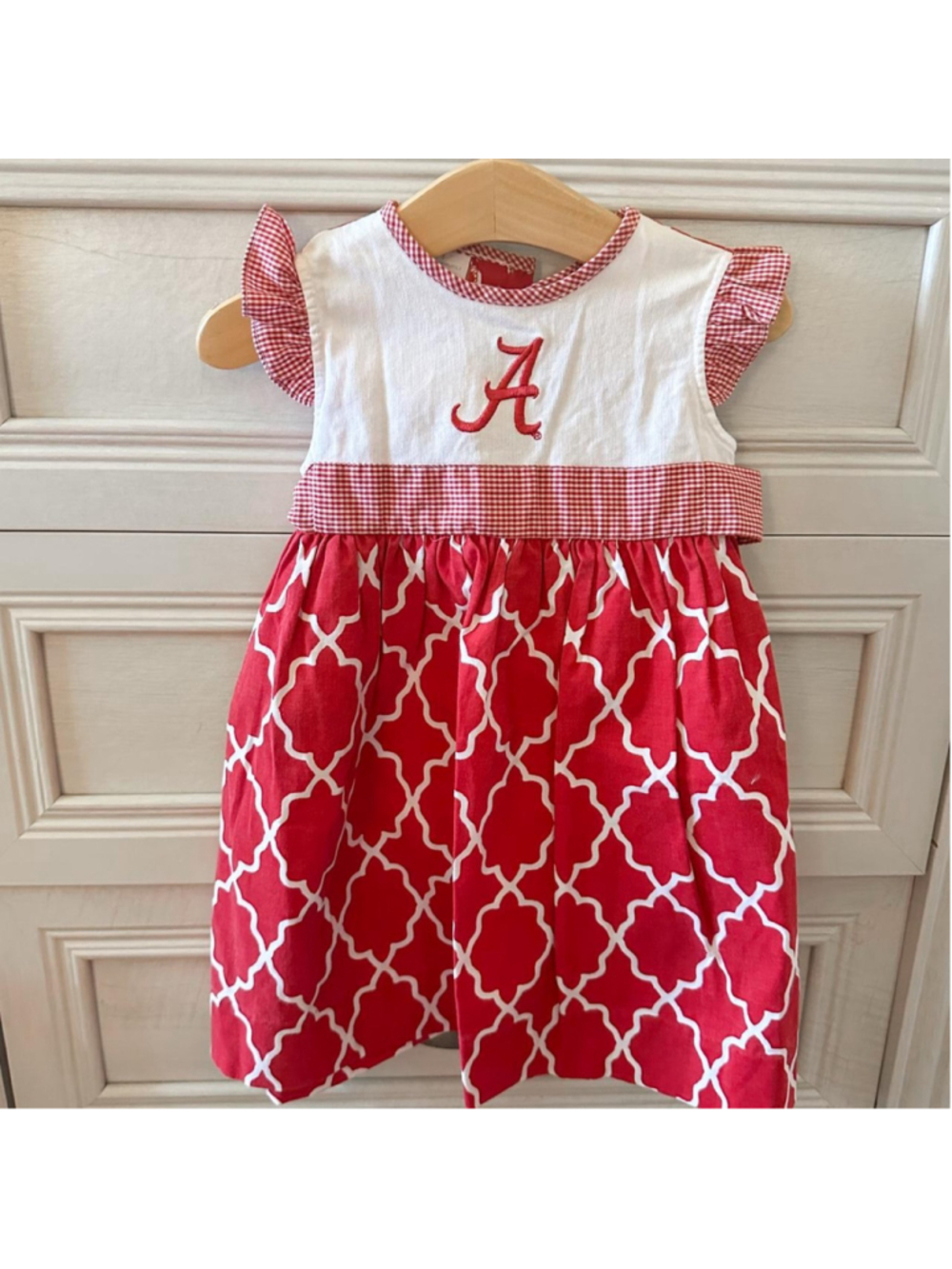 Alabama Crimson Tide baby girl dress with red and white geometric pattern